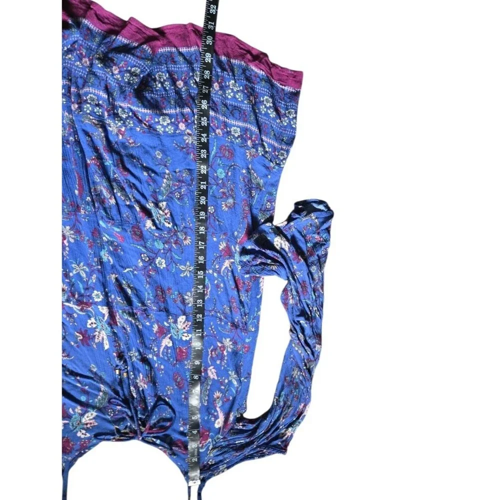 Xhilaration Blue Paisley Floral Cold Shoulder Mini Dress Lace Up Boho Ruffle - L
